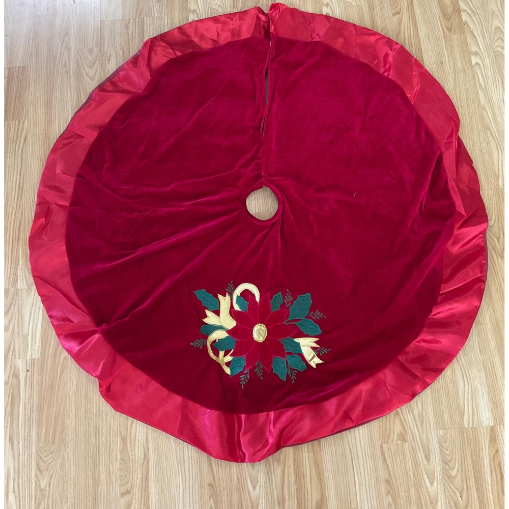 North Star Creations Red Velvet Poinsettia Christmas Tree Skirt Satin Ruffle